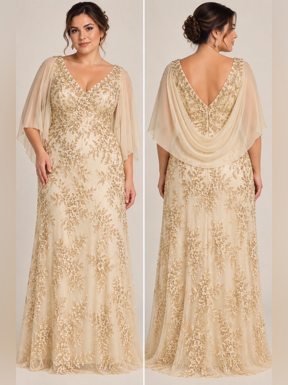 Elegant Gold Embroidered Maxi Dress